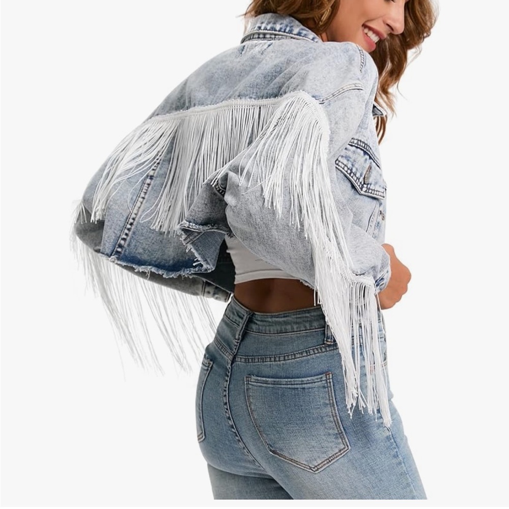 Fringe Denim Jean jacket cropped western chic size large sexy cowgirl rodeo
